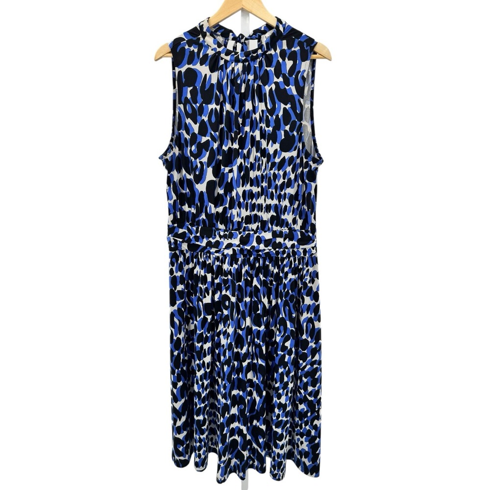Leota Mindy Shirred Midi Dress Blue Black White Plus Size 1X Career Work